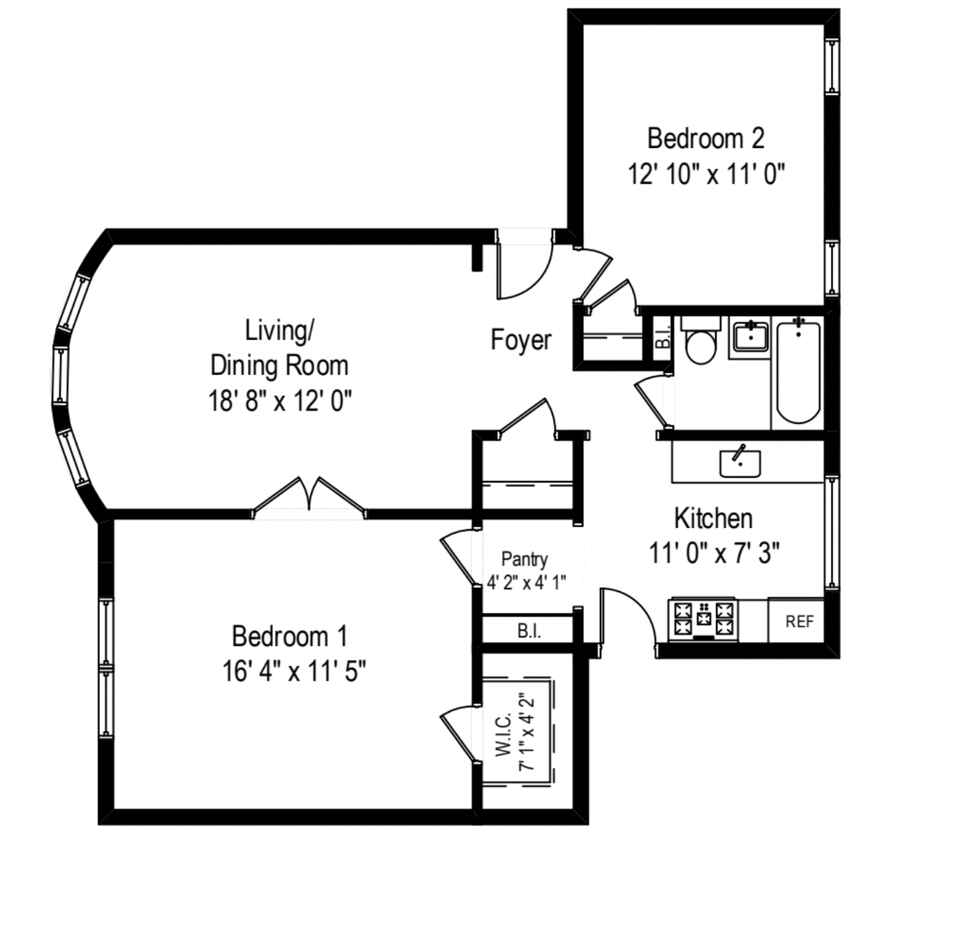 Floor plan for 2 beds, 1 bath, 860 sqft